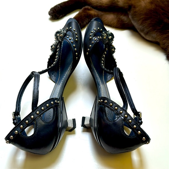 Miu Miu Italy Denim Blue Silver Studded Lapis Jewel Chrome Kitten heel Sandals - Picture 7 of 9